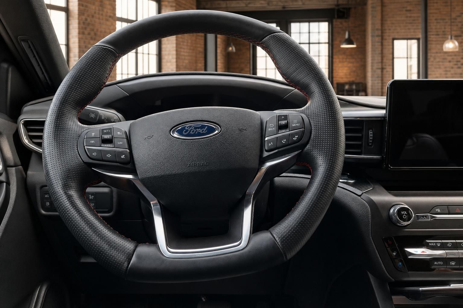 Ford Lenkrad mit Bedienelementen und Ford-Logo im Detail