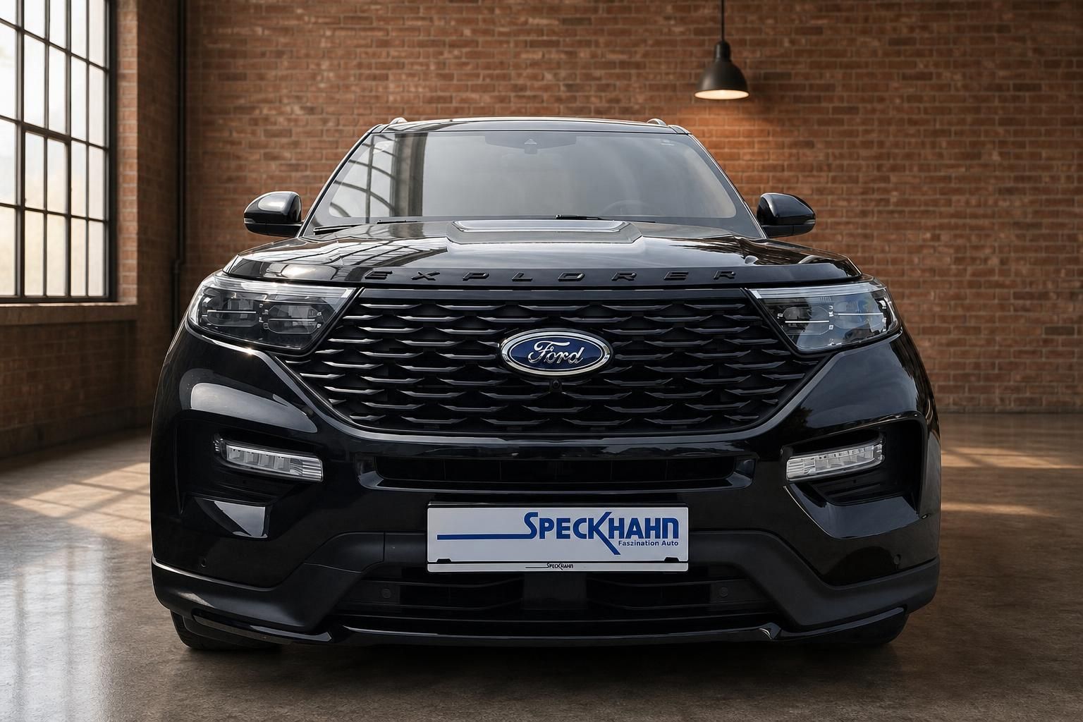 Ford Explorer schwarz Frontansicht mit Kuehlergrill und LED-Scheinwerfern