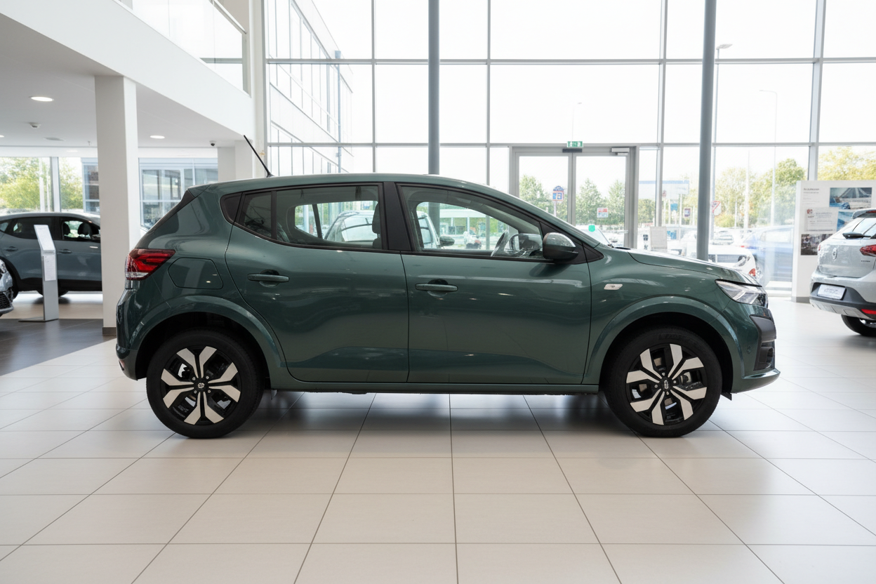 Dacia Sandero in Dunkelgrün, Seitenansicht im Autohaus-Showroom