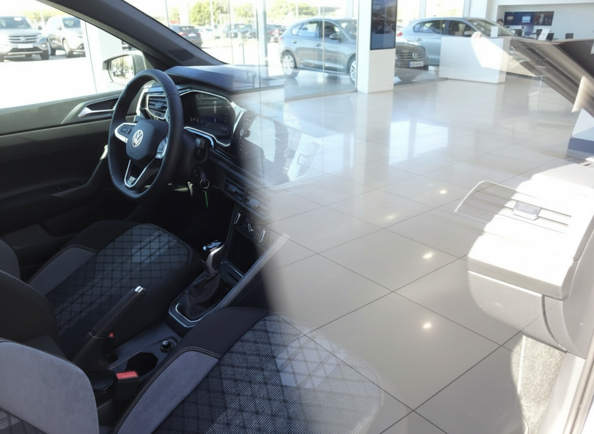 Volkswagen Innenraum mit Lenkrad, Cockpit und Alcantara-Sitzen im Autohaus