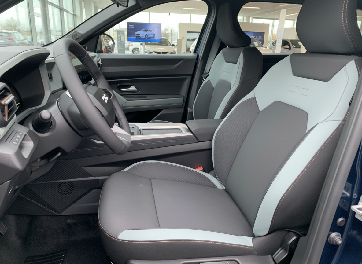 Fahrzeuginnenraum mit zweifarbigen Sportsitzen in Grau und Mintgrün, modernes Cockpit