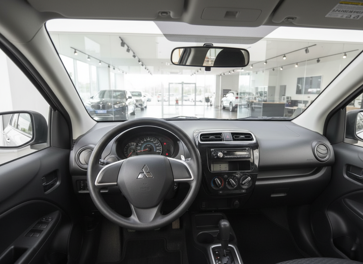 Mitsubishi Mirage Innenraum mit Lenkrad, Armaturenbrett und Mittelkonsole im Autohaus