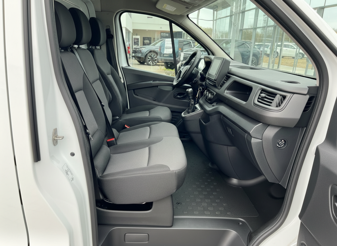 Innenraum eines weißen Transporters mit grau-schwarzen Stoffsitzen und modernem Armaturenbrett