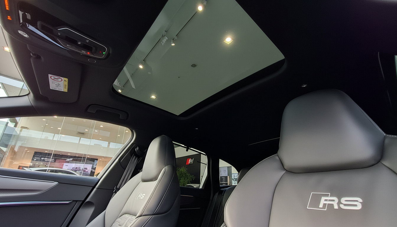 Audi RS Innenraum mit grauen Ledersitzen, RS-Logo auf Kopfstütze, Panorama-Glasdach und schwarzem Dachhimmel im Autohaus Showroom
