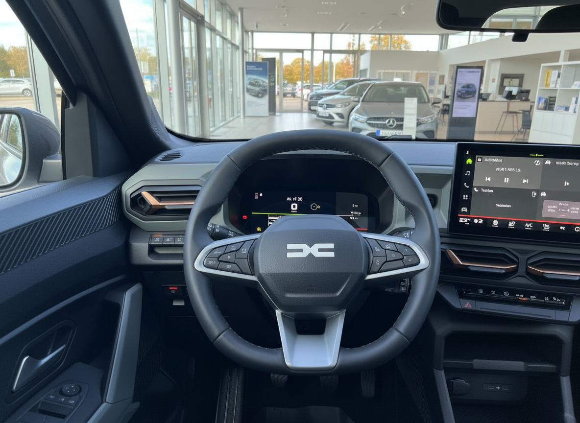 Dacia Innenraum mit Lenkrad, digitalem Cockpit und Infotainment-Touchscreen im Autohaus