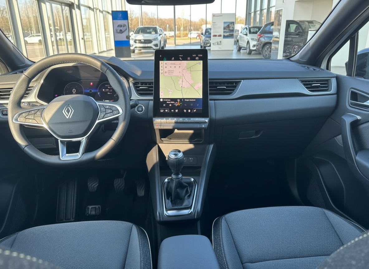 Renault Innenraum mit großem Touchscreen-Display, Lederlenkrad und manuellem Schaltgetriebe