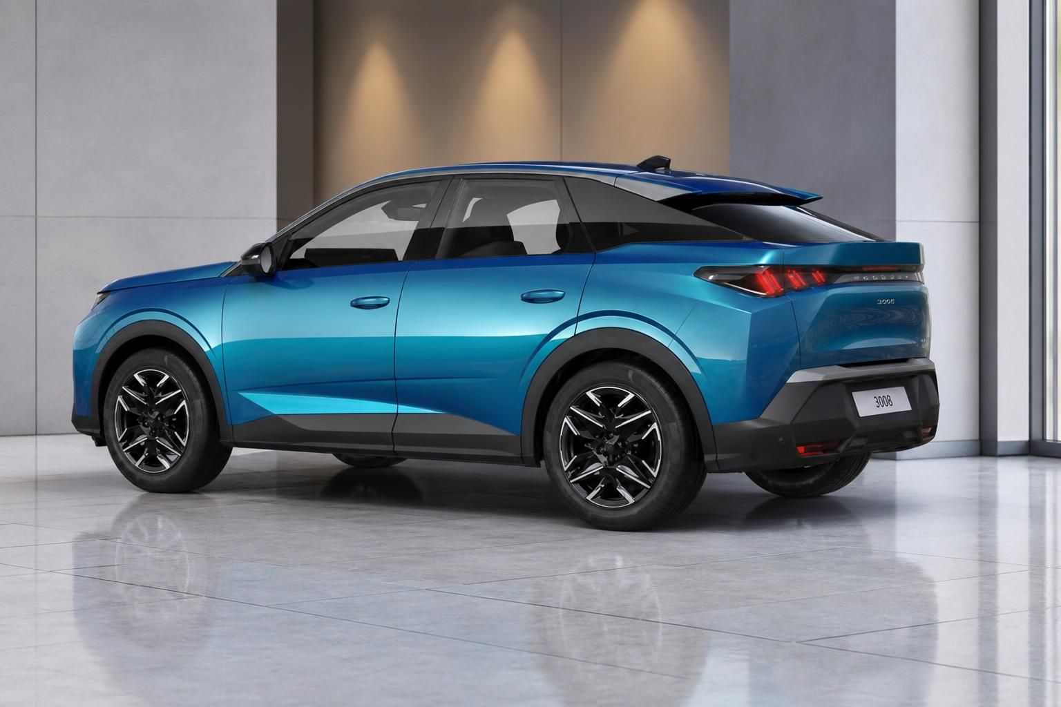 Peugeot 3008 in Blau, Heckansicht seitlich im Showroom