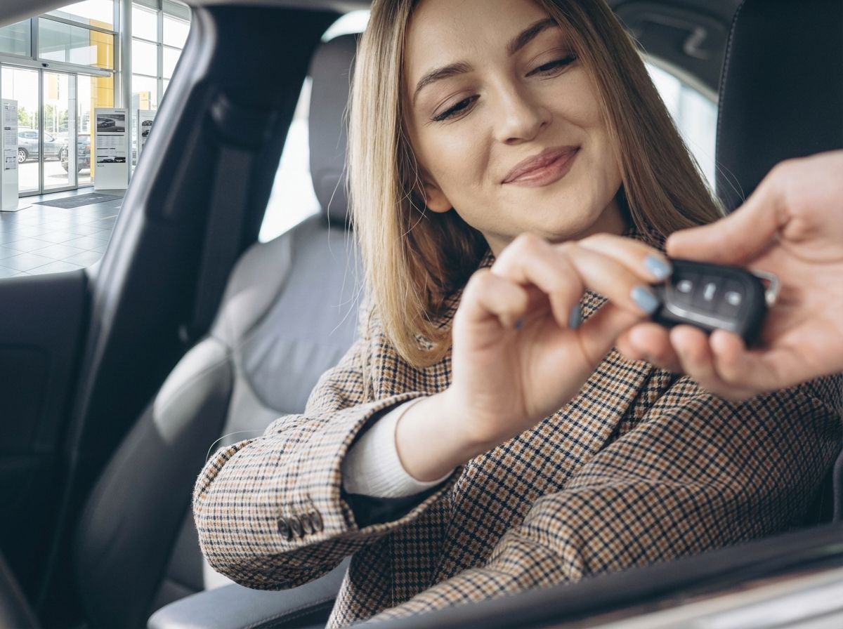 Frau sitzt im Auto und nimmt Fahrzeugschlüssel entgegen – Autohaus Übergabe
