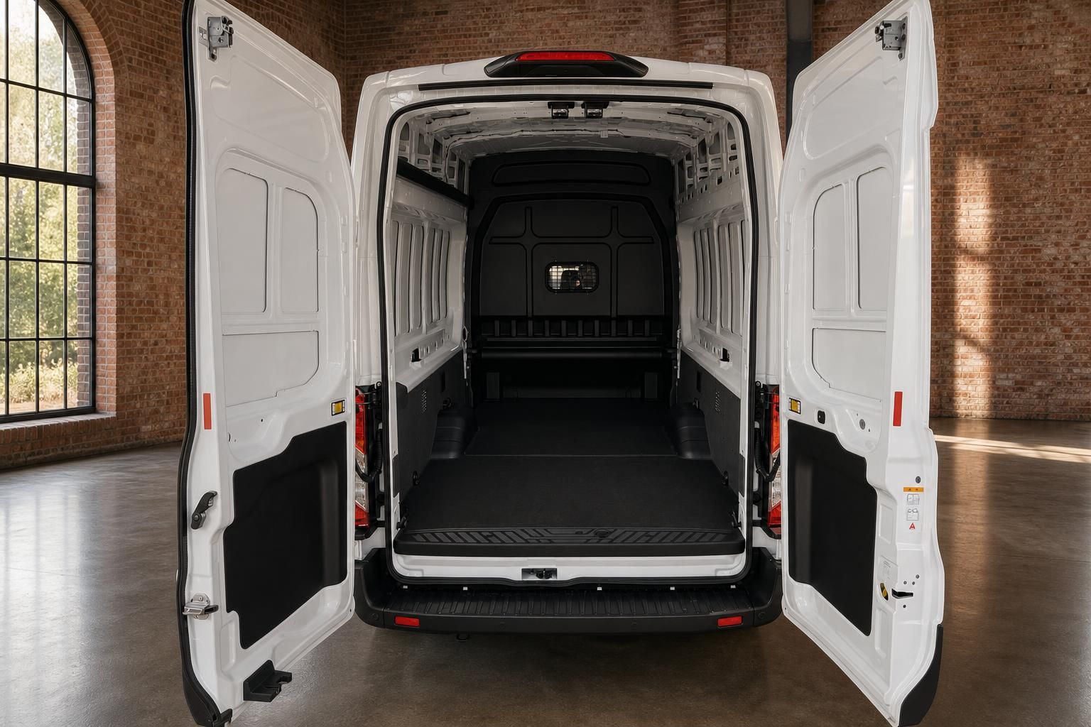Ford Transit Laderaum mit geöffneten Hecktüren leer
