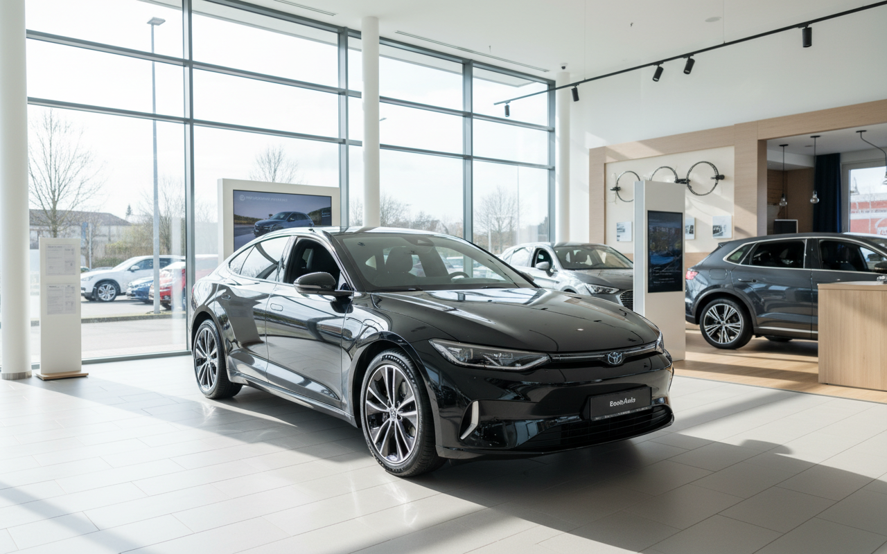 Schwarzer Toyota bZ4X Limousine im Autohaus Showroom, Frontansicht