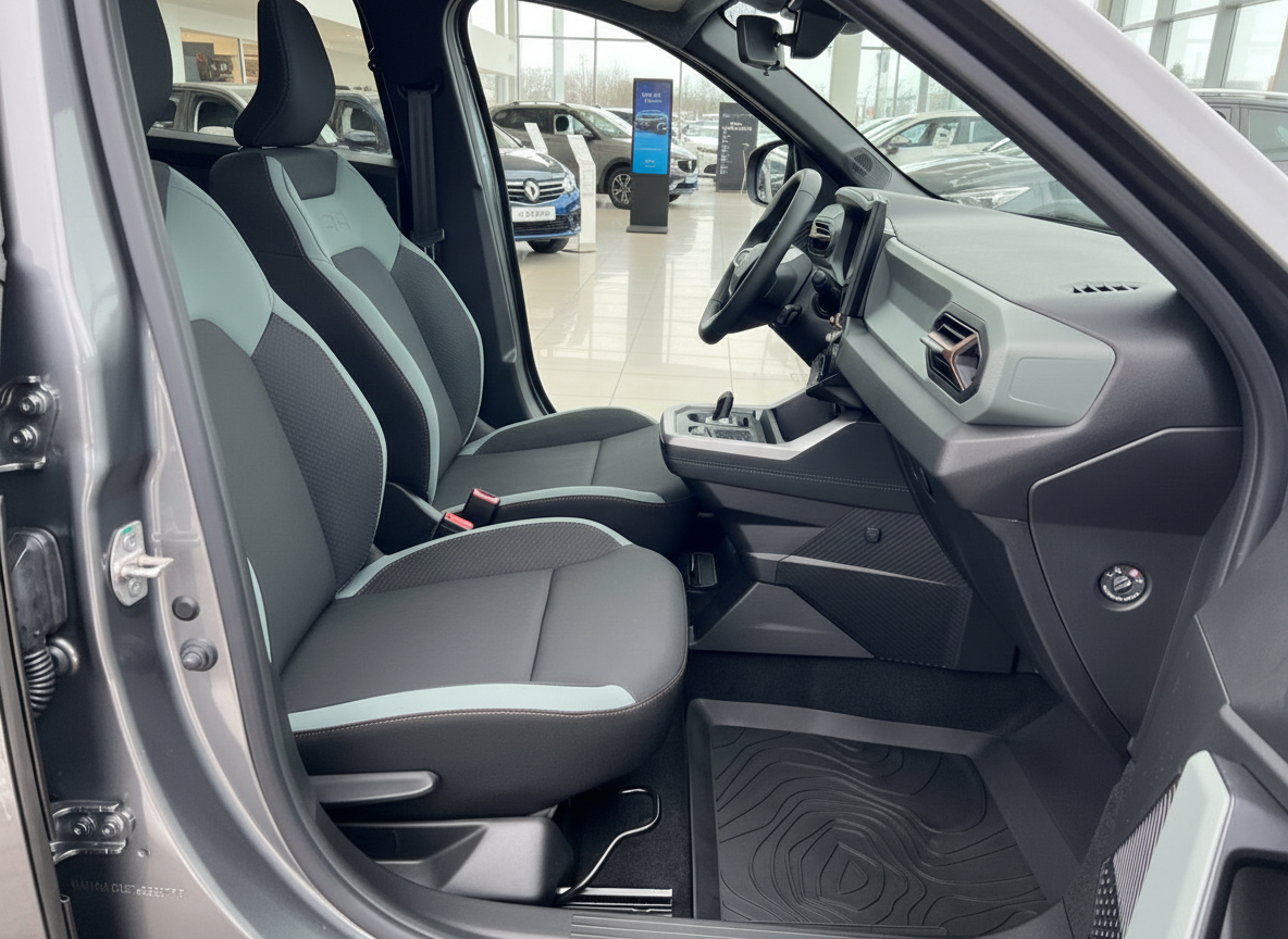 Dacia Duster Innenraum Fahrersitz mit grau-grüner Polsterung und modernem Cockpit