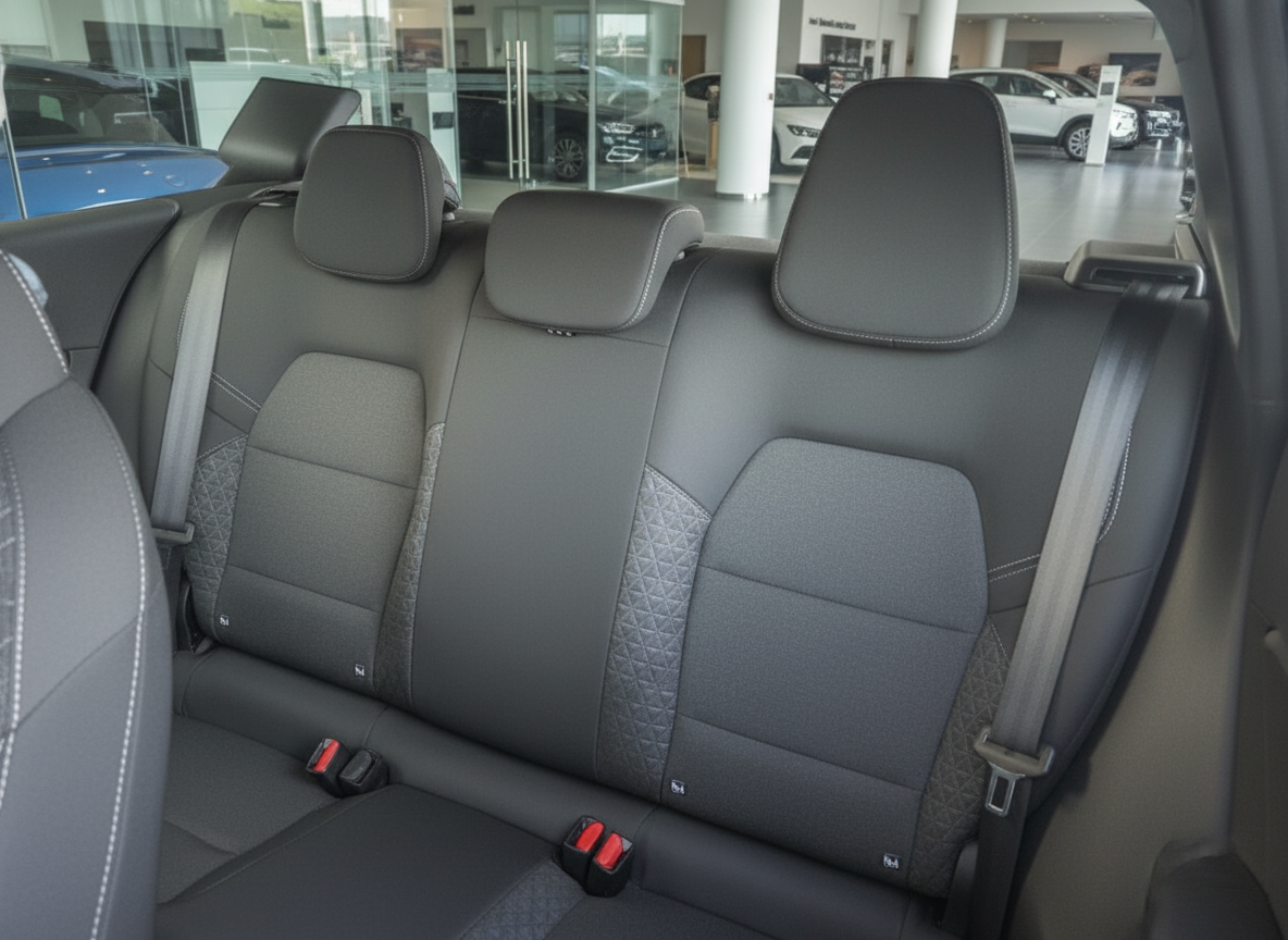 Modernes Fahrzeug Innenraum Rücksitzbank mit schwarzem Leder und weißen Ziernähten im Autohaus