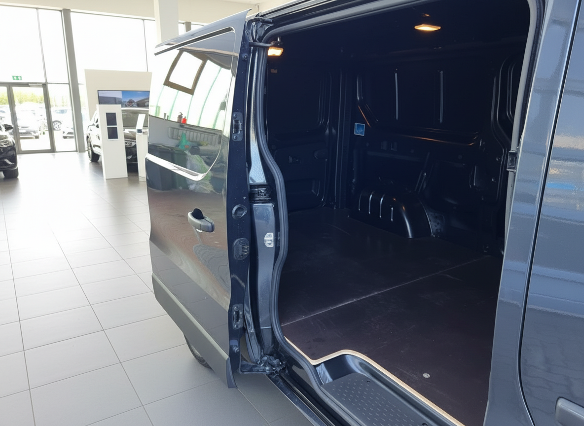 Grauer Transporter mit geöffneter Schiebetür zeigt leeren Laderaum im Autohaus