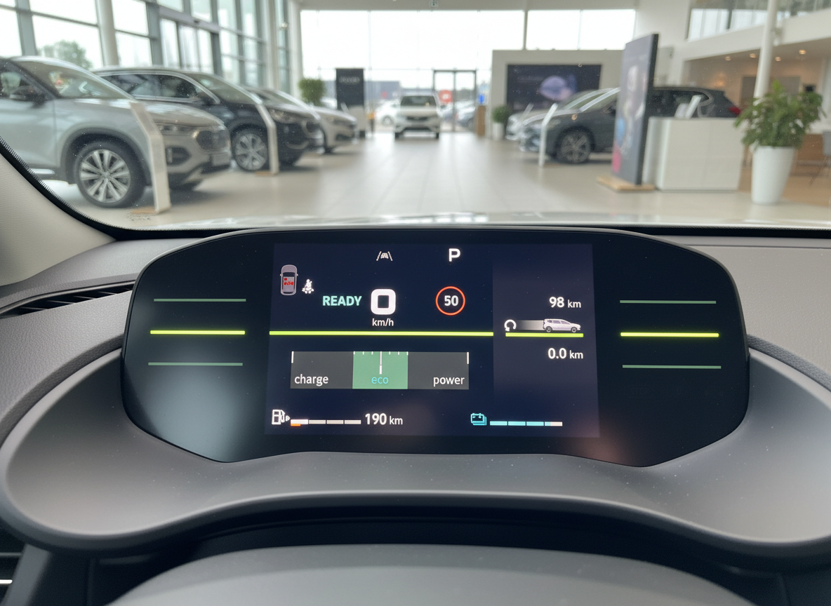 Digitales Cockpit-Display eines Elektrofahrzeugs mit Reichweitenanzeige 190 km im Autohaus