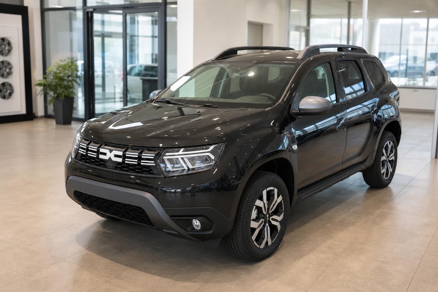 Dacia Duster SUV in grau, Frontansicht im Autohaus Showroom