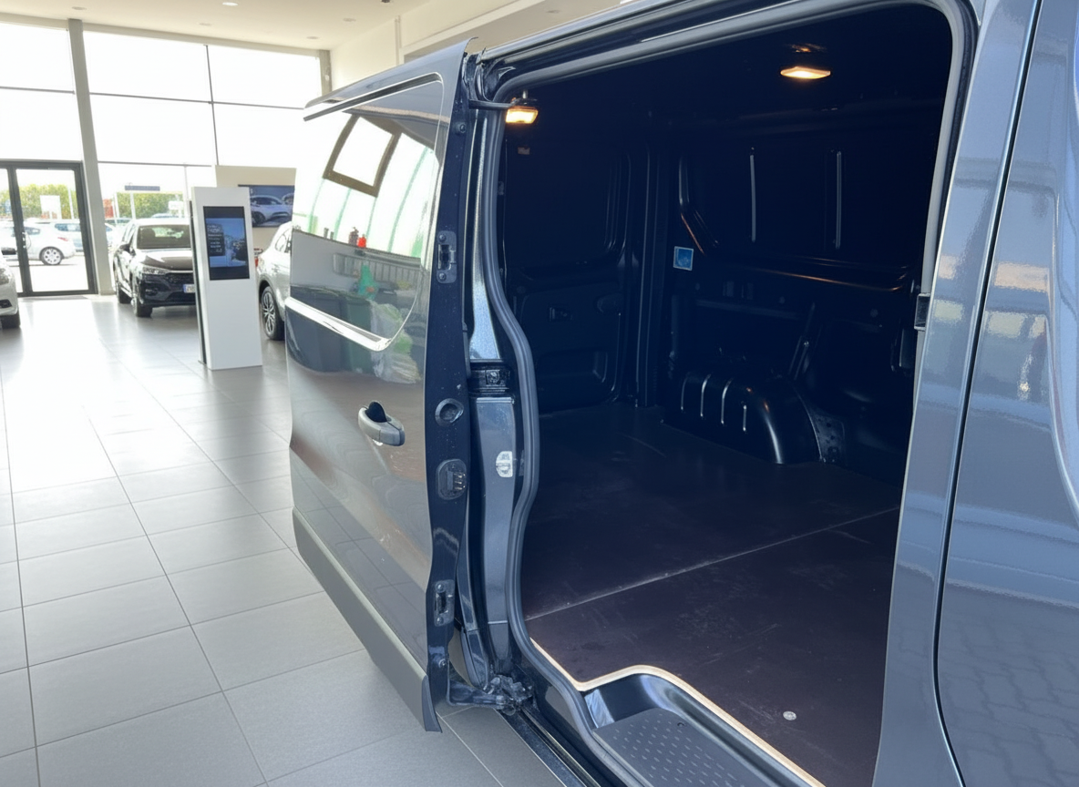 Grauer Transporter mit geöffneter Schiebetür und leerem Laderaum im Autohaus