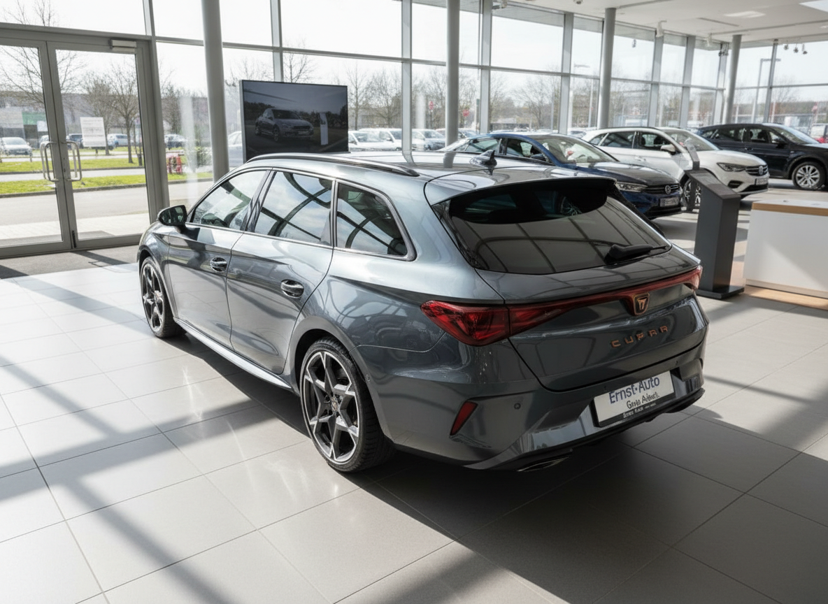 CUPRA Leon Sportstourer in Grau im Autohaus Ernst-Auto, Heckansicht mit Spoiler und Leichtmetallfelgen