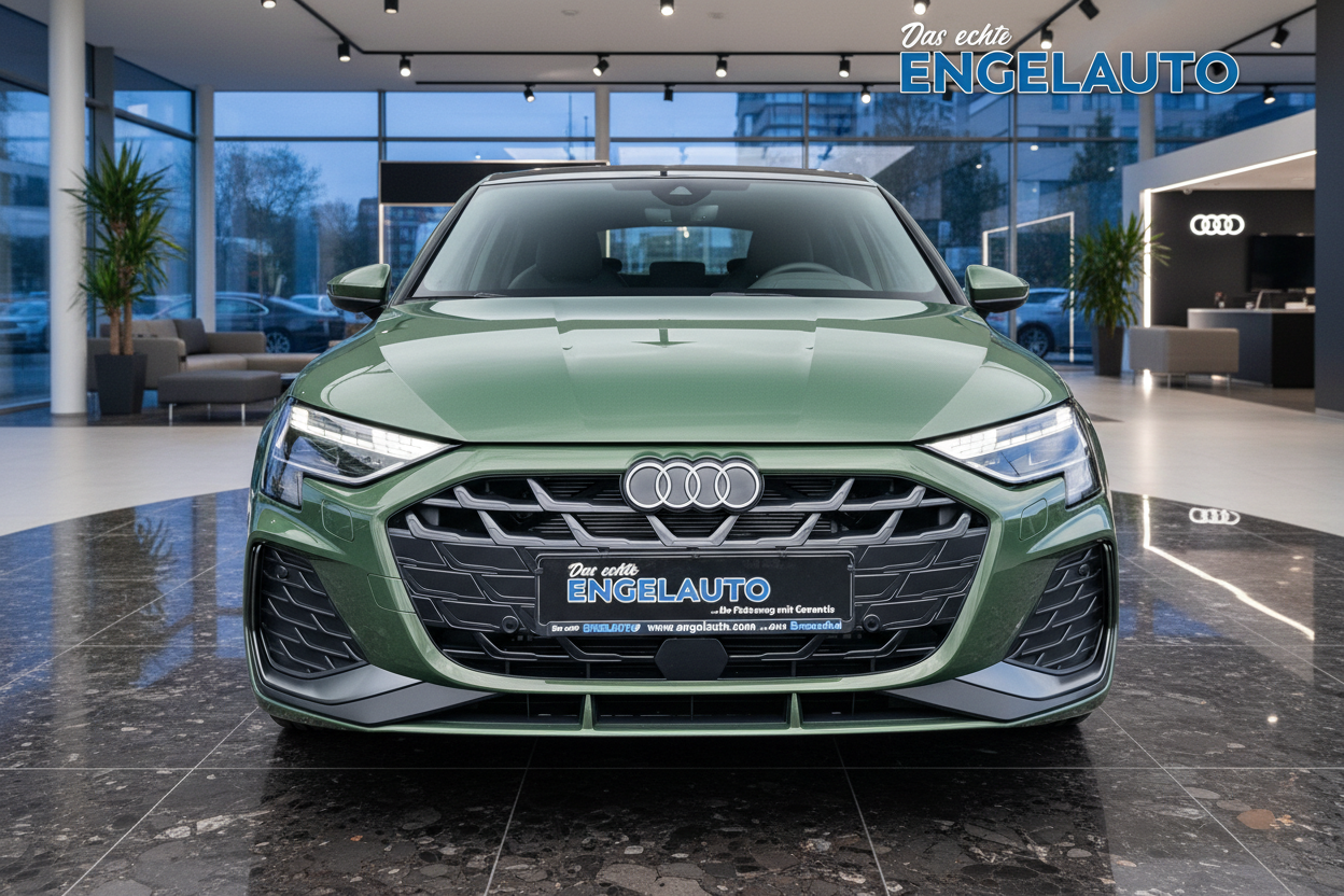 Neuer Audi A3 Sportback in Distriktgrün Metallic Frontansicht im Audi Autohaus Engelauto mit LED-Matrix-Scheinwerfern und Singleframe-Kühlergrill