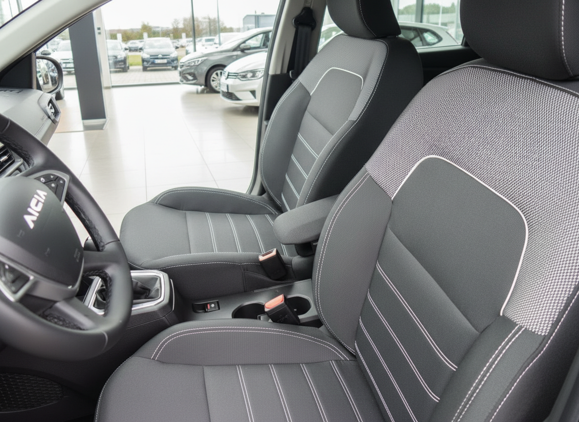 Dacia Innenraum mit schwarzen Stoff-Sportsitzen und weißen Ziernähten im Autohaus