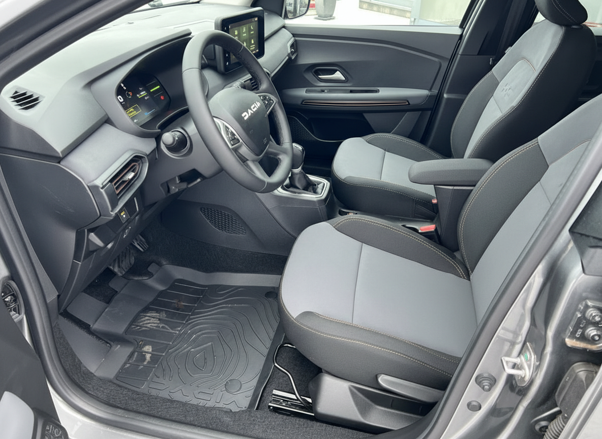 Dacia Innenraum Fahrerseite mit Stoffsitzen, Lenkrad, Digitalanzeige und Gummimatten