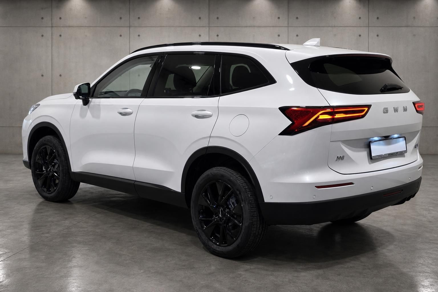 GWM Haval H6 weiß, Heckansicht mit LED-Rückleuchten und schwarzem Dach