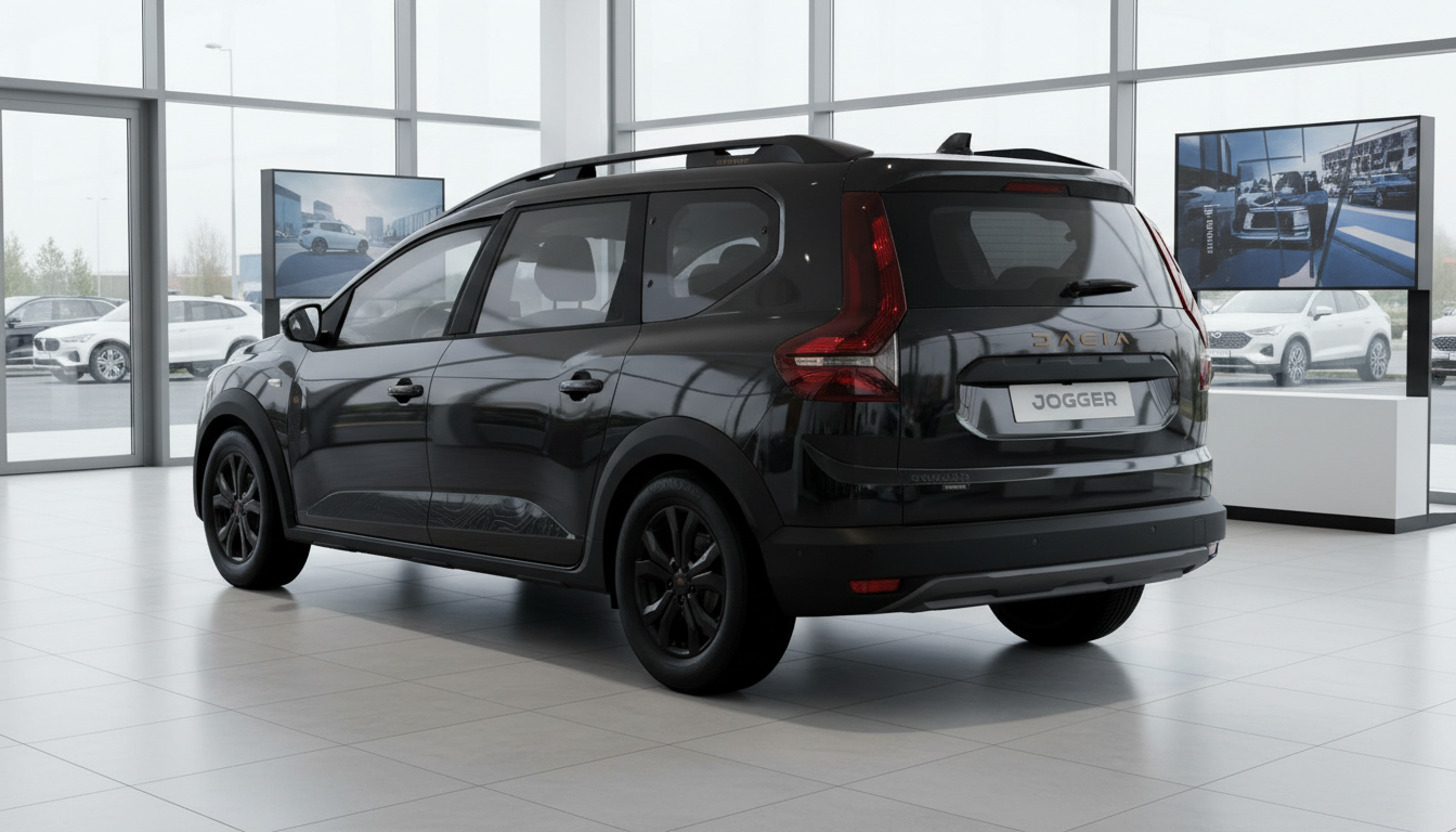Schwarzer Dacia Jogger Heckansicht im Autohaus Showroom mit schwarzen Felgen und Dachreling