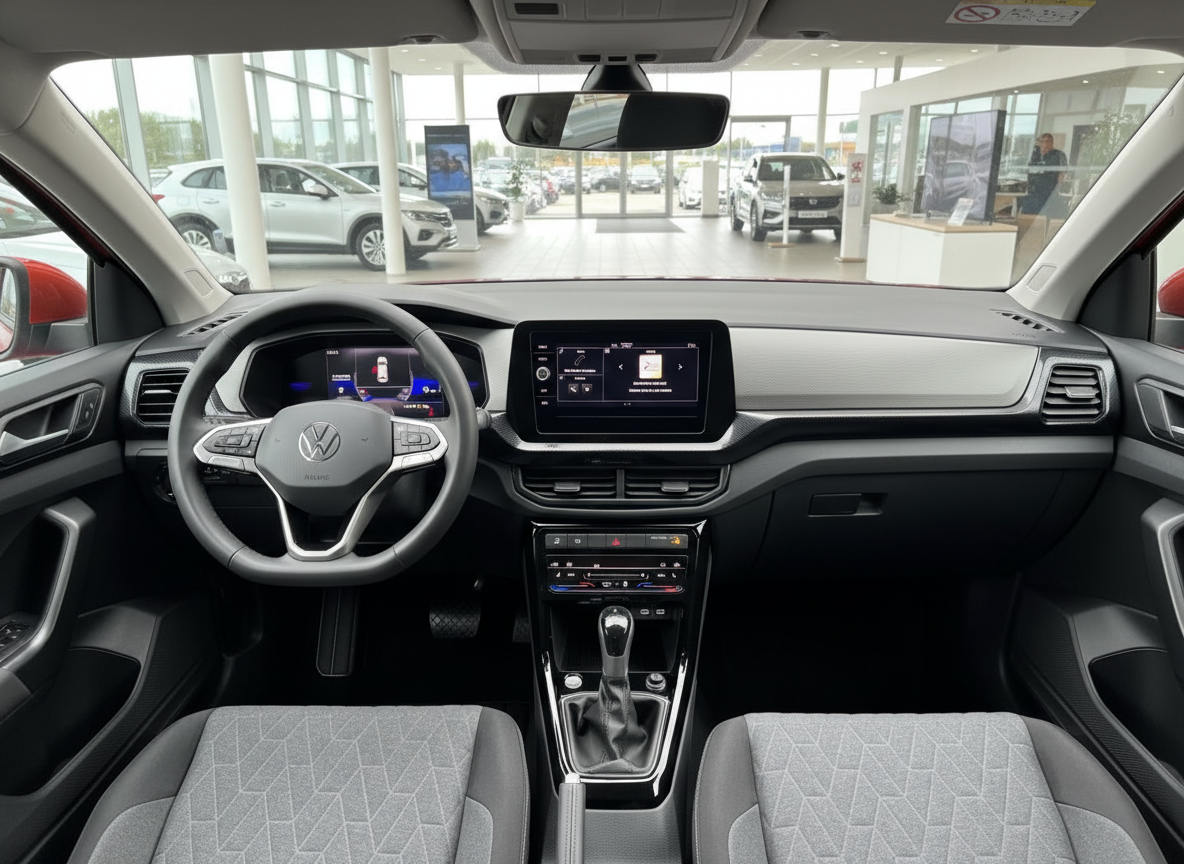 Volkswagen T-Cross Innenraum mit Cockpit, Touchscreen und grauem Stoffsitzen in VW-Autohaus