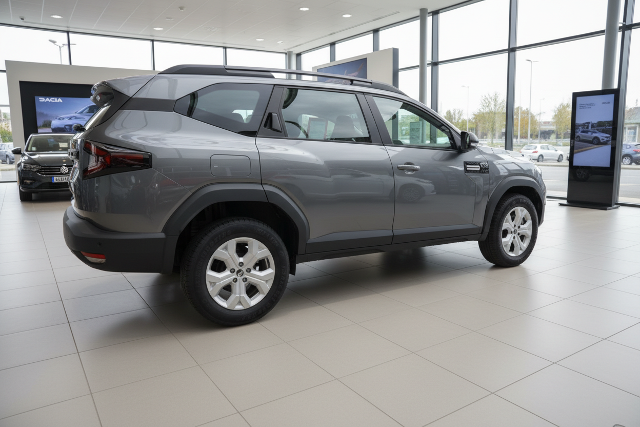 Dacia Duster SUV in Grau im Autohaus – Seitenansicht von hinten