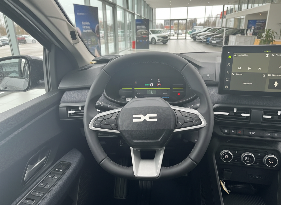 Dacia Innenraum Cockpit mit Lenkrad, digitalem Tacho und Infotainment-Touchscreen im Autohaus