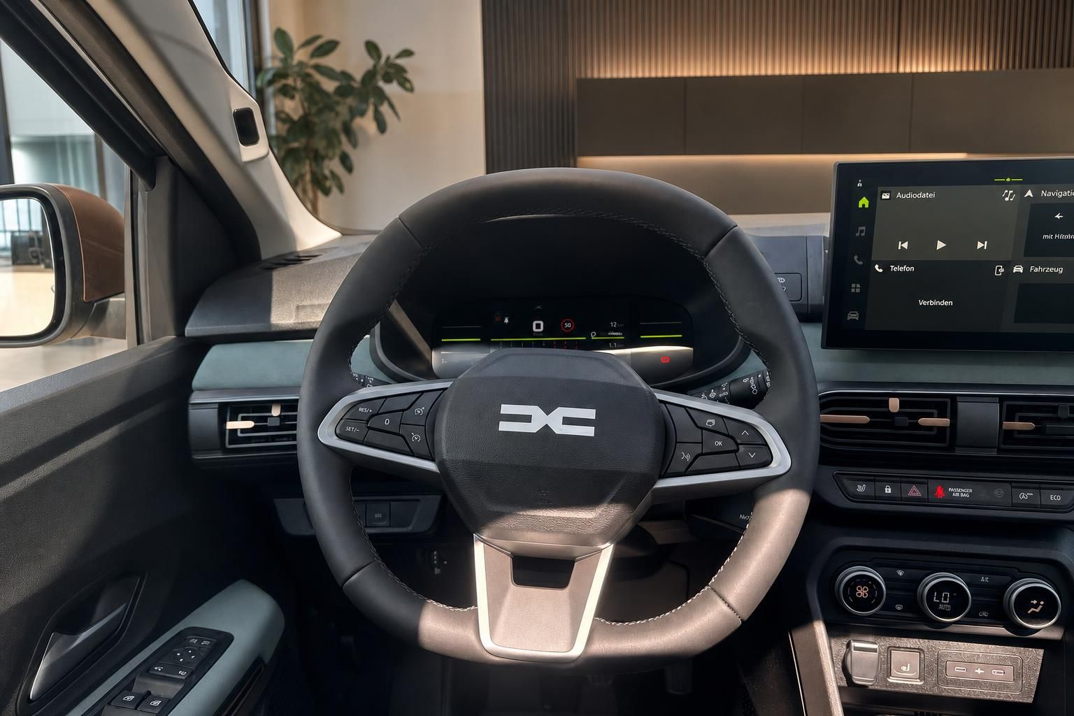 Cockpit Fahrzeug mit Lenkrad, digitalem Display und Infotainment-System