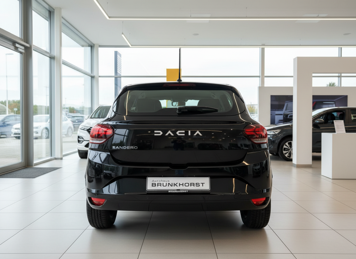 Schwarzer Dacia Sandero Heckansicht im Autohaus Brunkhorst Showroom
