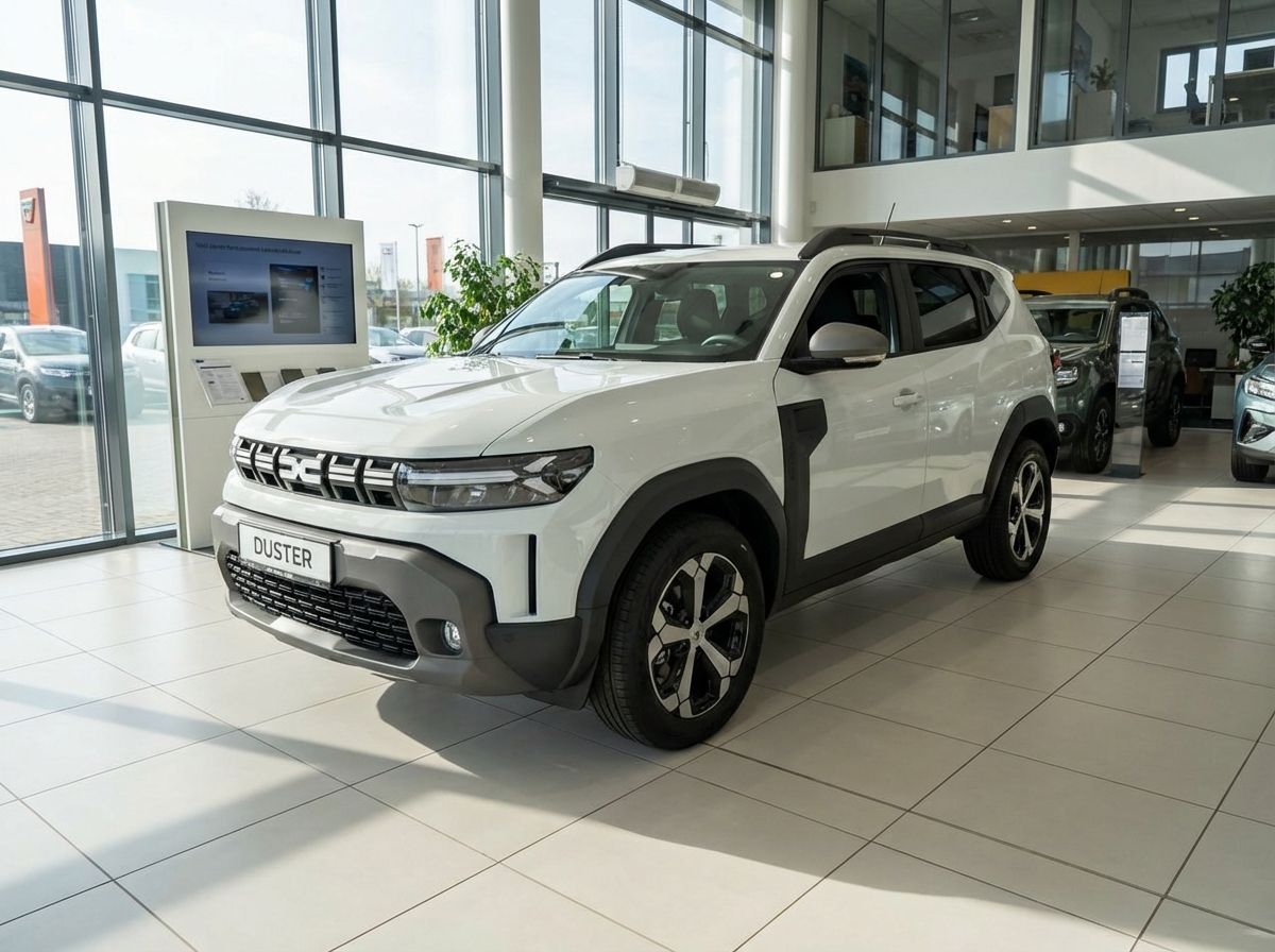 Dacia Duster SUV in Weiß im Autohaus Showroom – Frontansicht der 3. Generation
