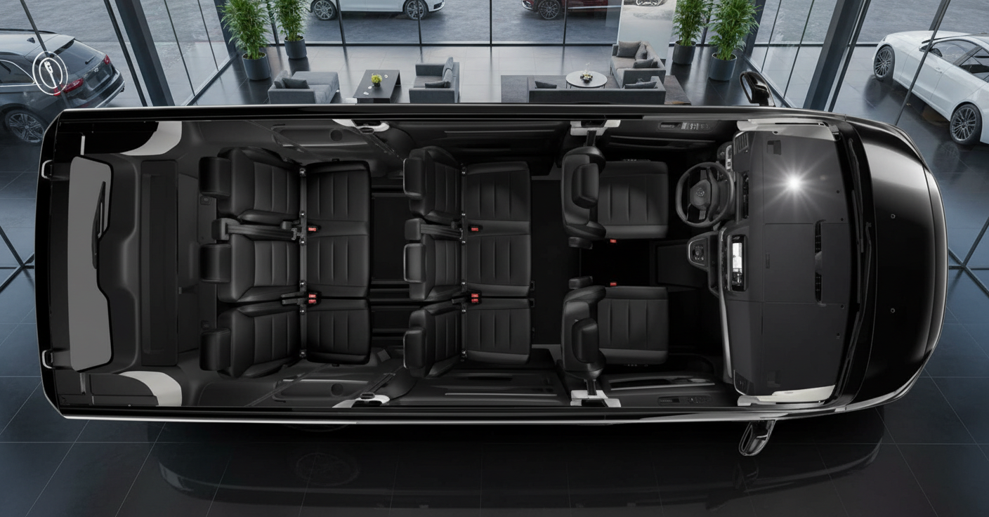 Mercedes-Benz V-Klasse Innenraum Draufsicht mit schwarzer Lederausstattung, 7-Sitzer Konfiguration und großzügigem Platzangebot im Autohaus Showroom