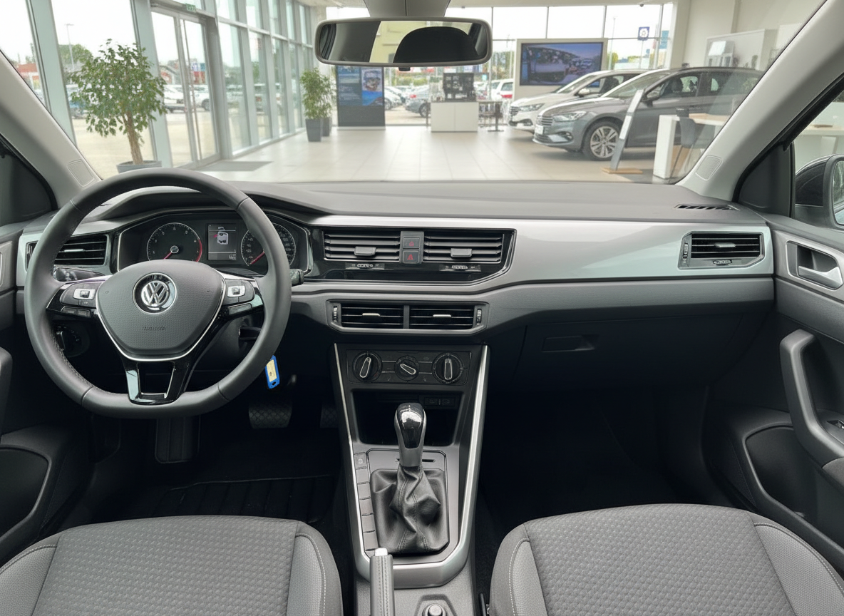 Volkswagen Polo Innenraum mit Cockpit, Schaltgetriebe und grauem Stoffsitz im VW-Autohaus