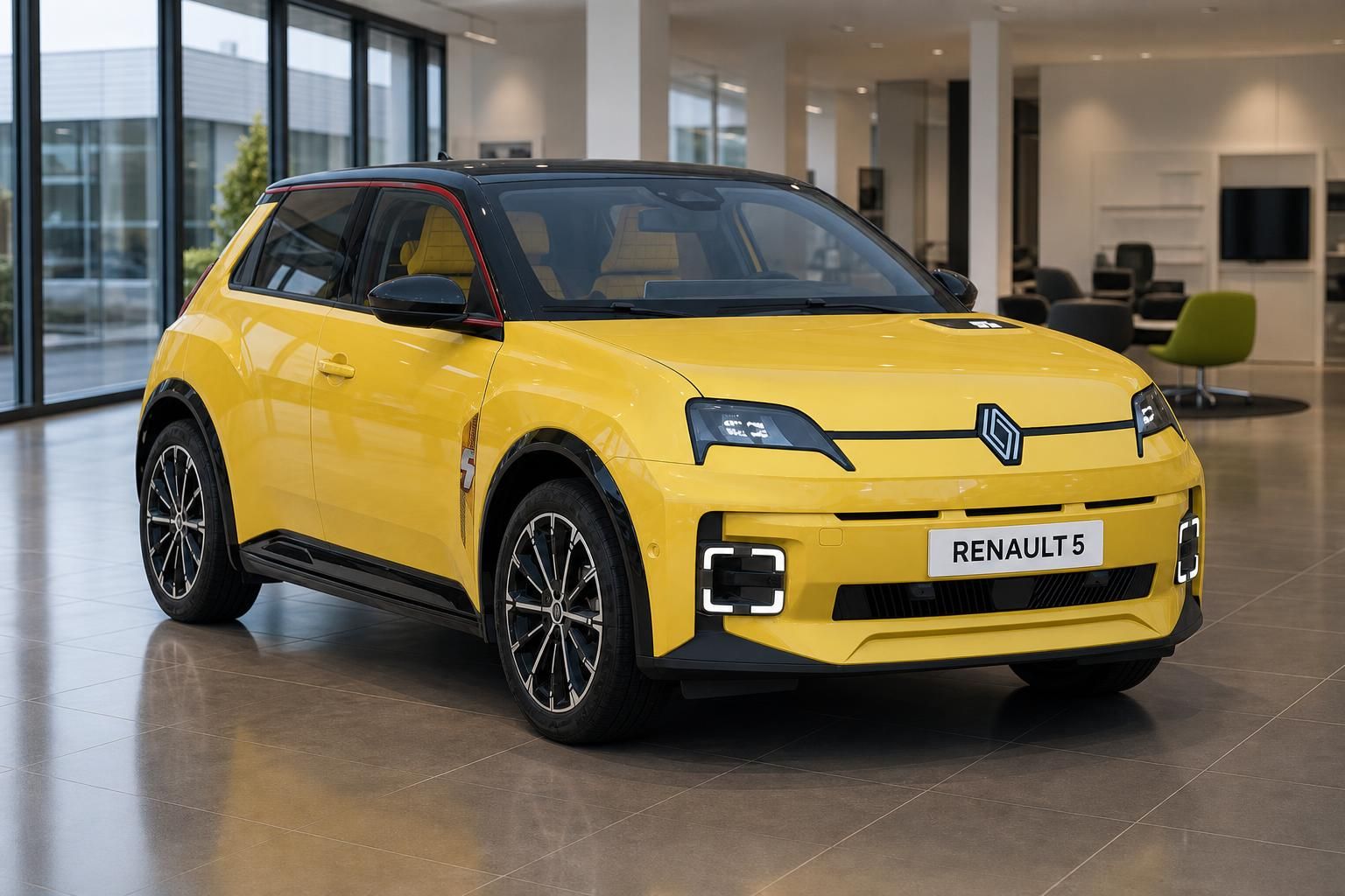 Renault 5 gelb, Frontansicht im Autohaus