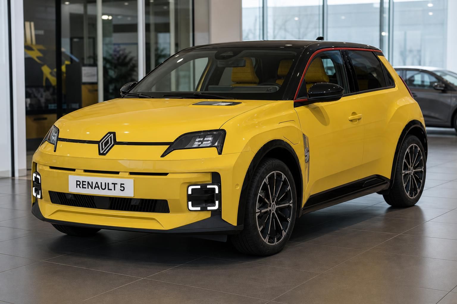 Renault 5 gelb, Frontansicht im Autohaus