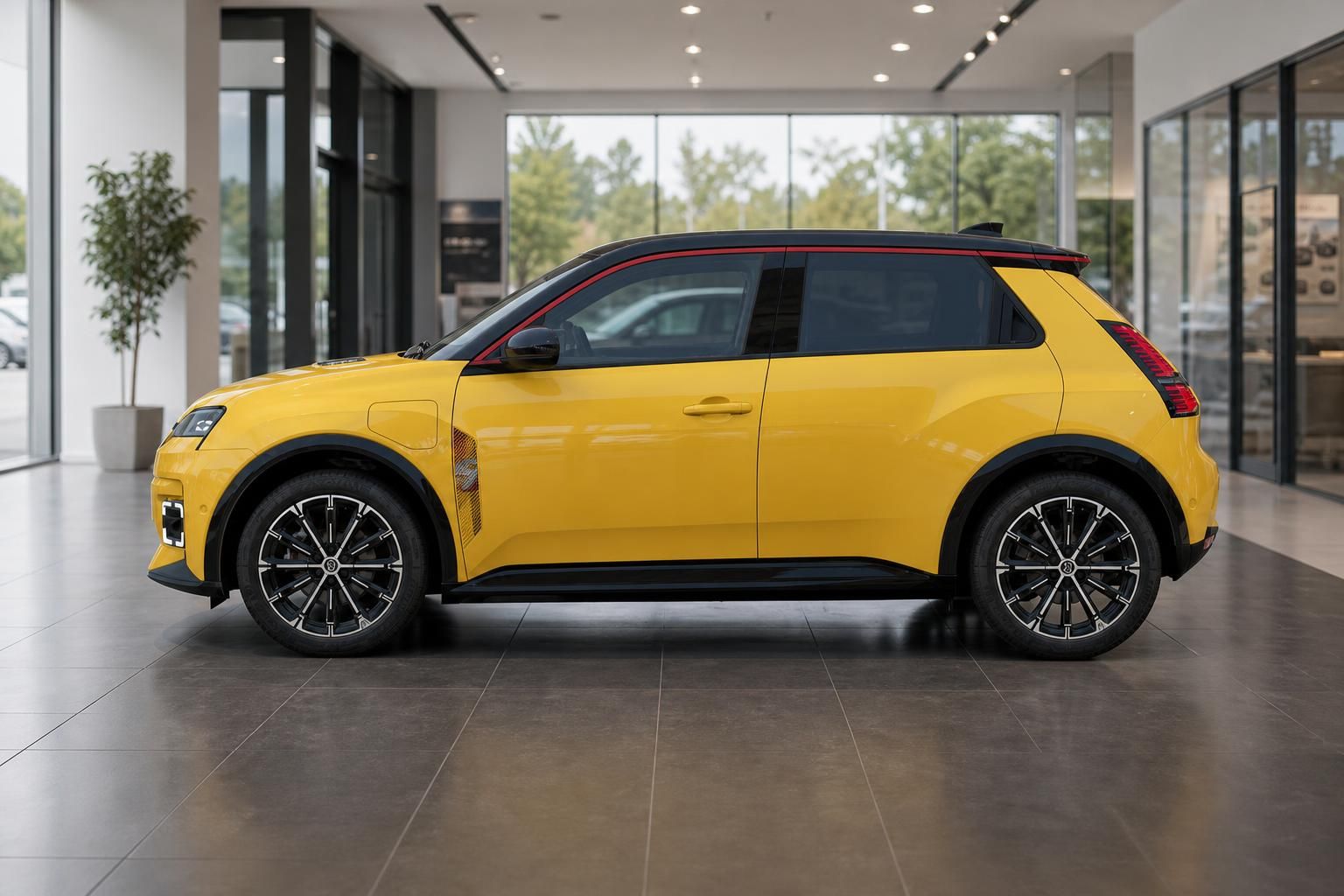 Renault 5 in Gelb, Seitenansicht im Autohaus