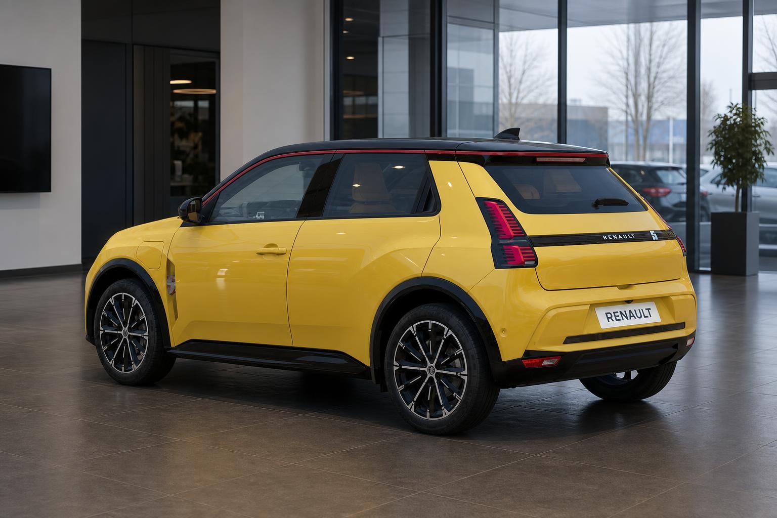 Renault 5 gelb, Heckansicht im Showroom
