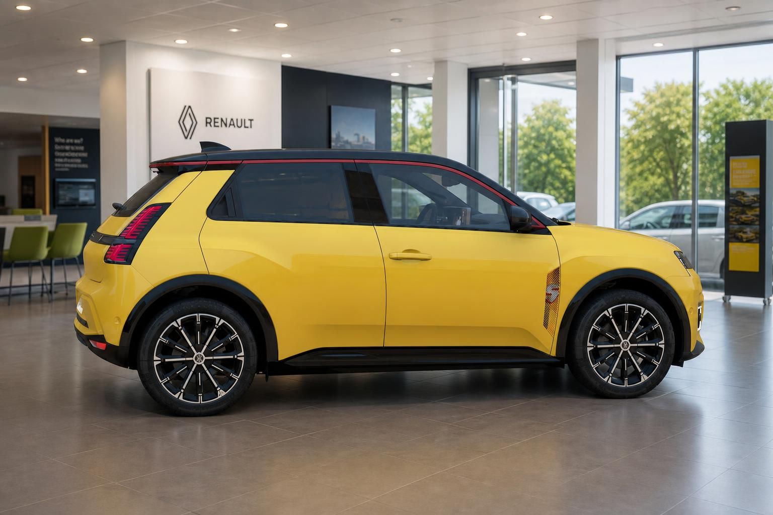 Renault 5 in Gelb, Seitenansicht im Showroom