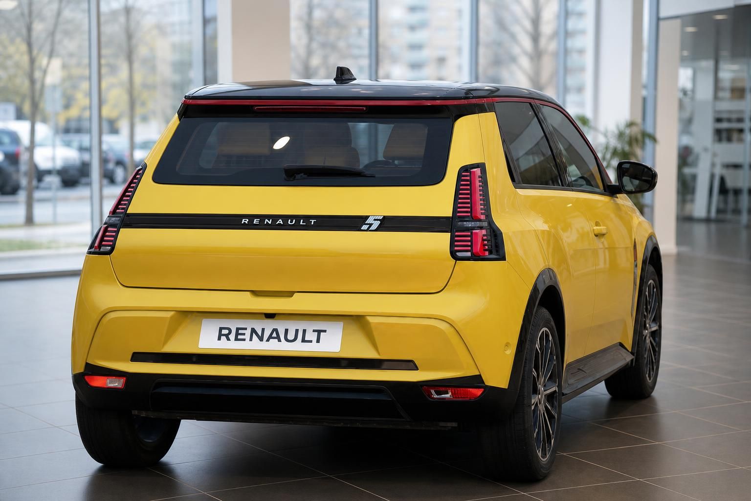 Renault 5 gelb Heckansicht im Autohaus mit LED-Rückleuchten
