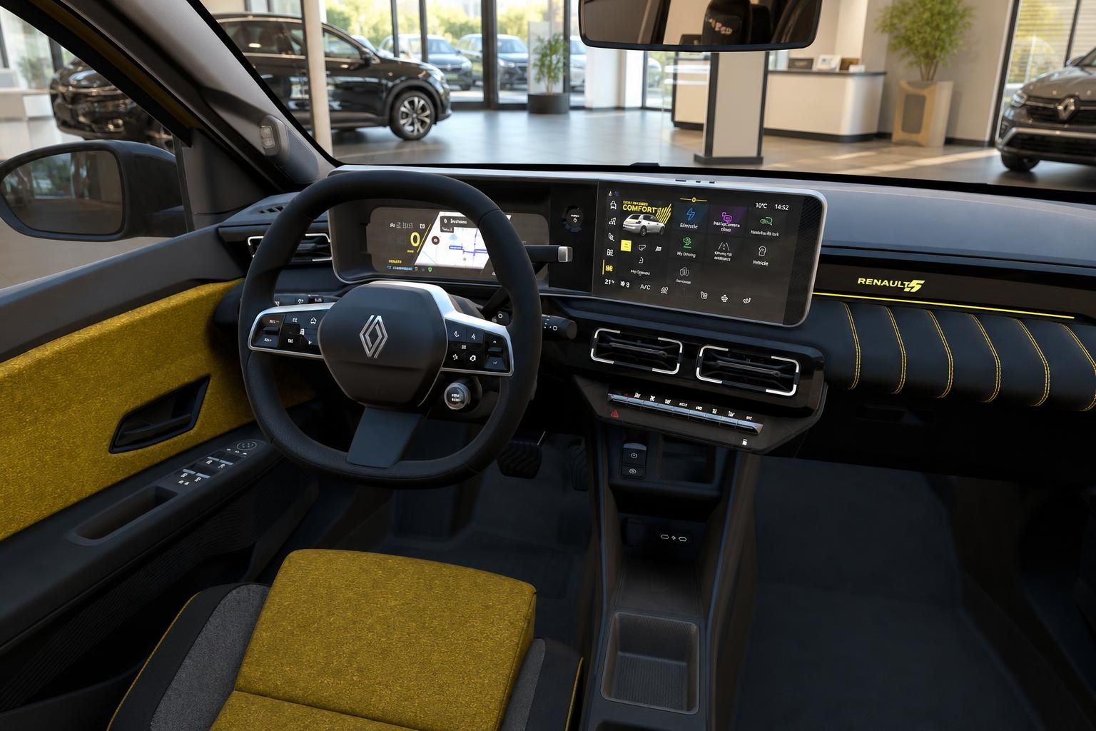 Renault 5 Innenraum Cockpit mit Lenkrad und Touchscreen-Display