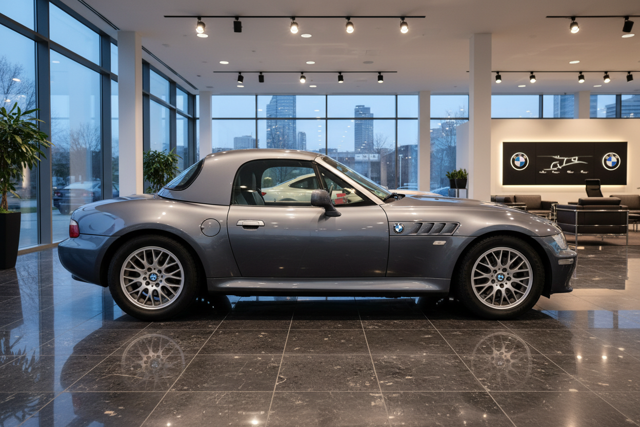 BMW Z3 Roadster in Grau-Metallic mit Hardtop im modernen BMW Autohaus Showroom, Seitenansicht des klassischen Sportwagens mit Multispeichen-Felgen auf poliertem Granitboden