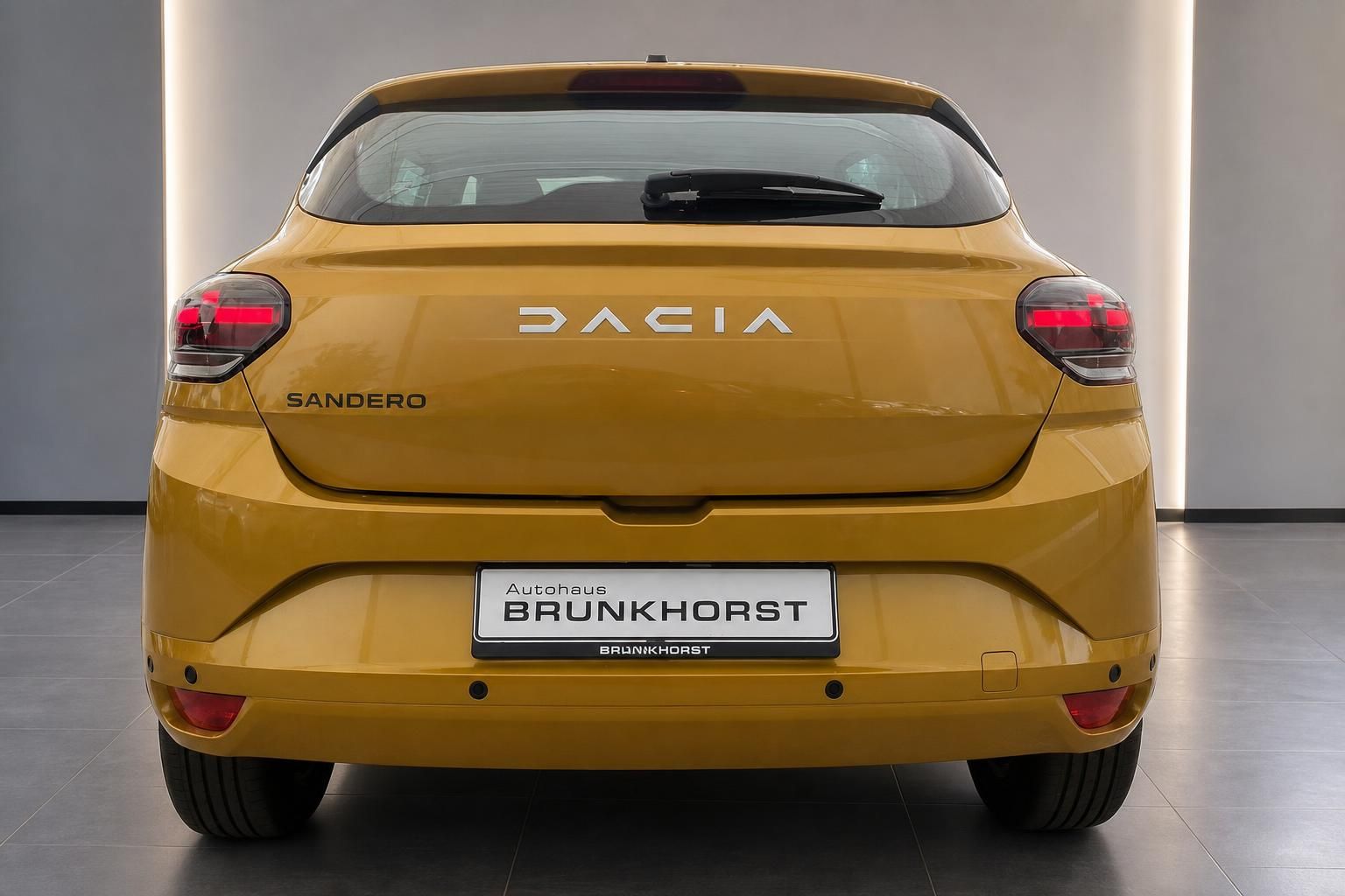 Dacia Sandero gelb Heckansicht mit Kennzeichenhalter Brunkhorst