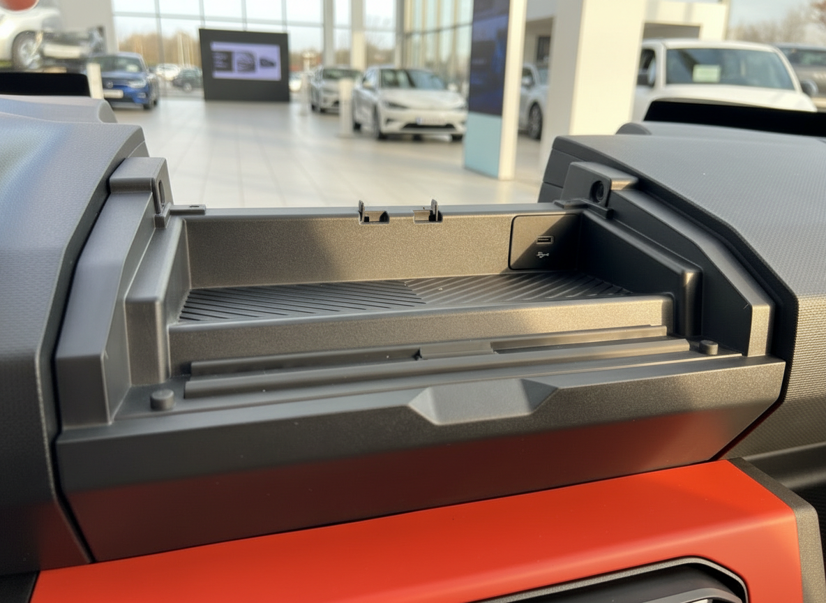 Geöffnetes Ablagefach im Armaturenbrett mit USB-Anschluss im Fahrzeuginnenraum im Autohaus