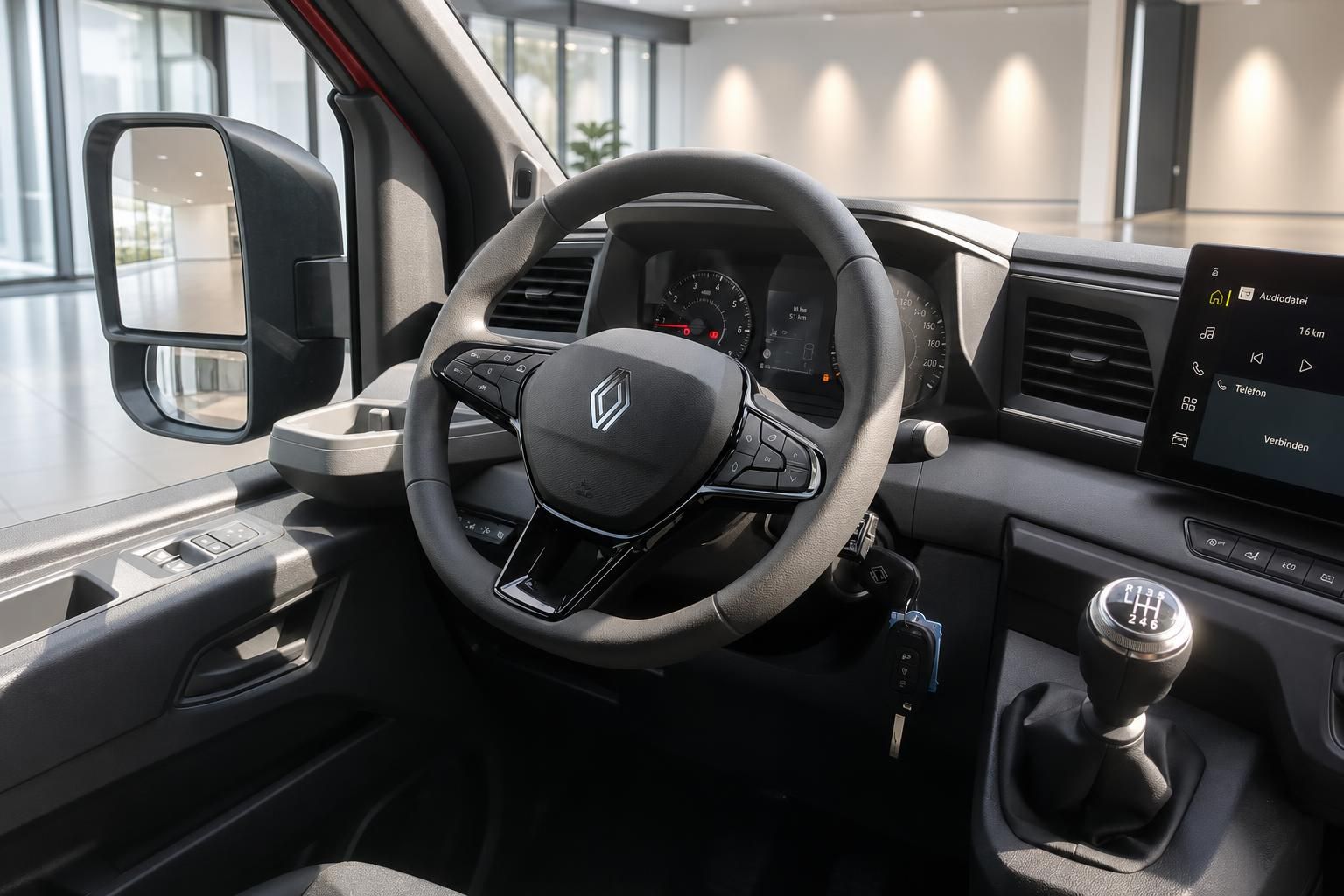 Renault Transporter Innenraum mit Lenkrad, Cockpit und Touchscreen