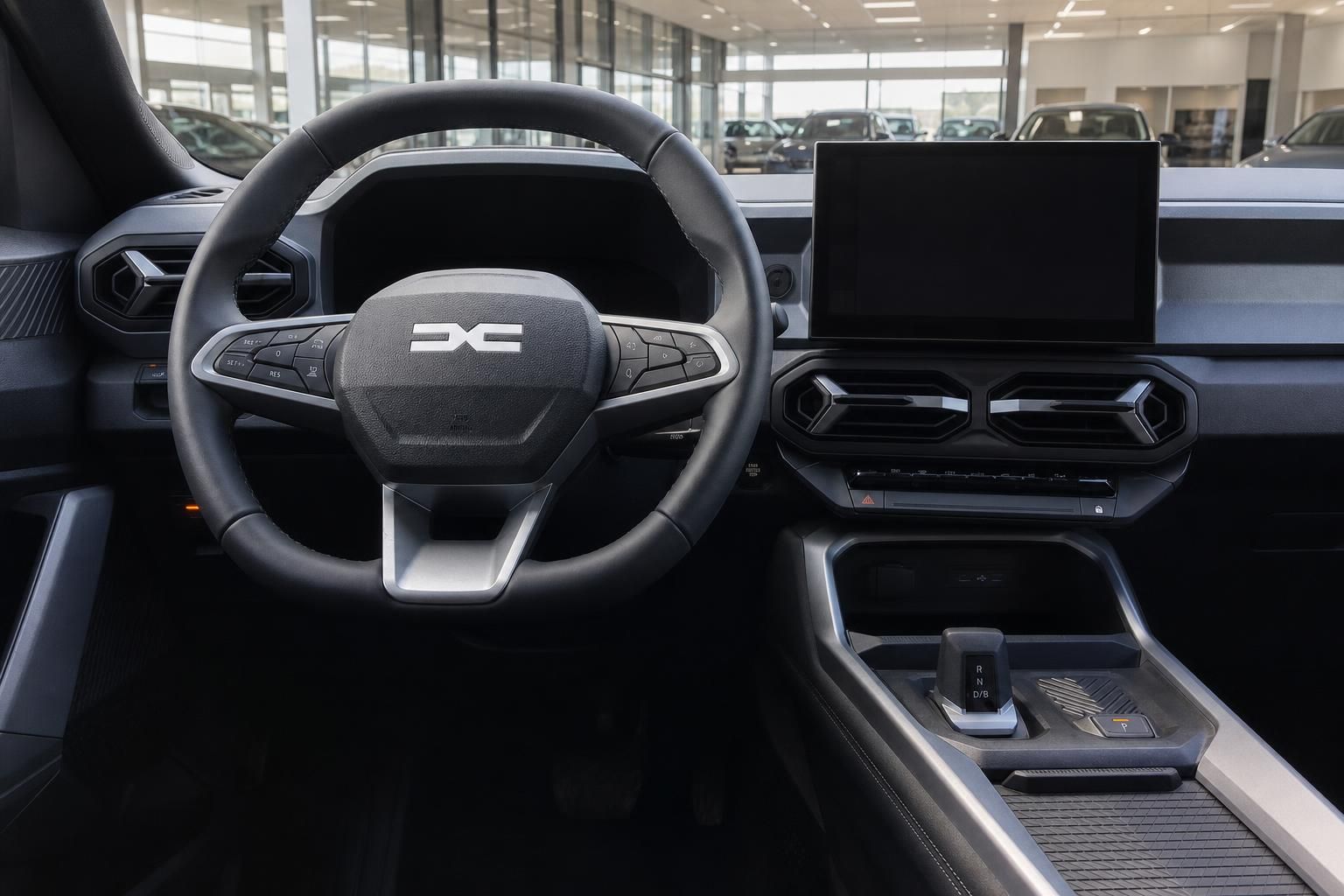 Dacia Innenraum mit Lenkrad und Touchscreen Display im Autohaus Showroom