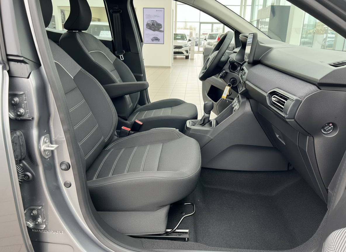 Fahrzeug Innenraum mit schwarzen Stoftsitzen, Mittelkonsole und Armaturenbrett im Autohaus