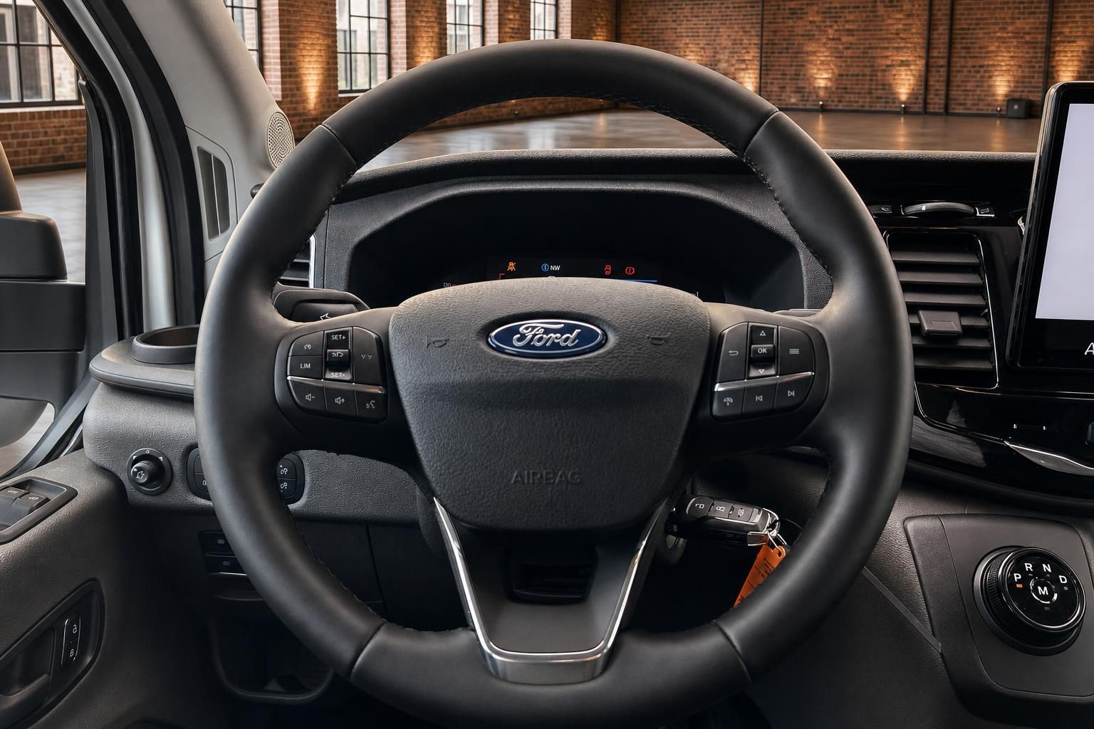 Ford Transit Lenkrad Nahaufnahme mit Ford Logo und Bedienelementen