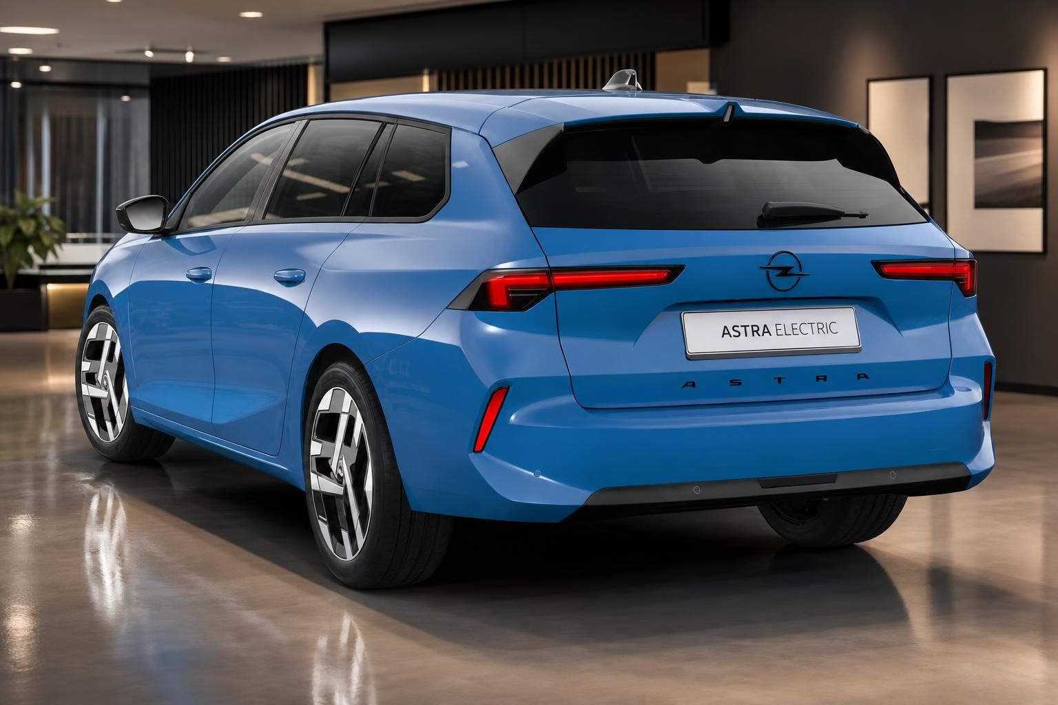 Opel Astra Electric Sports Tourer in Blau, Heckansicht im Showroom
