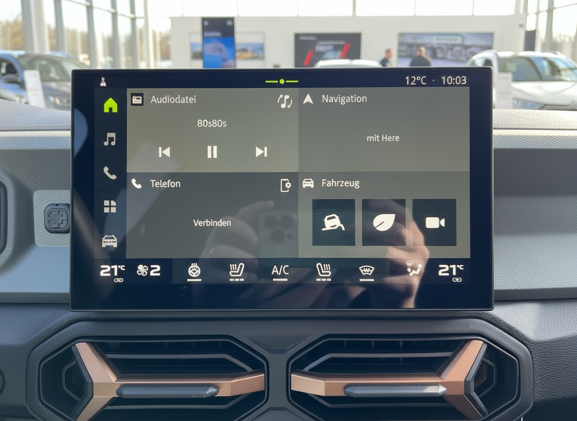 Fahrzeug-Infotainment-Display mit Navigation, Audio und Klimasteuerung im Innenraum